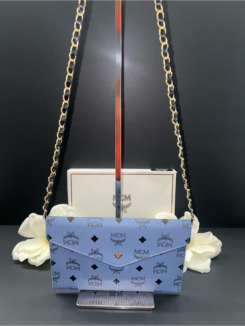 MCM Blue Envelope Clutch with Black and Gold Shoulder Strap - Picture 6 of 6